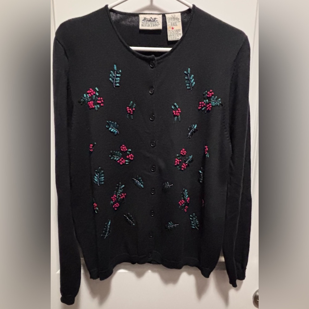 Vintage Northern Reflections Sz Large Button Cardigan Sweater floral embroidered